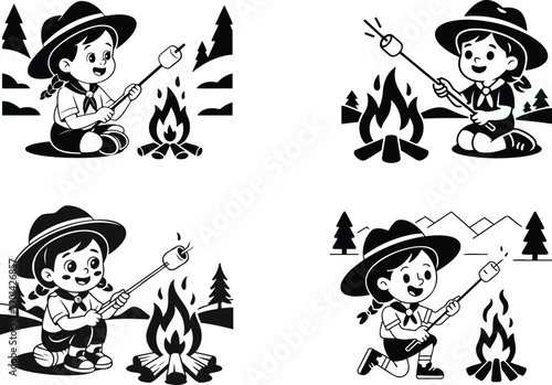 Adorable scout girl roasting marshmallows over a campfire in various poses, celebrating outdoor camping and childhood adventures.