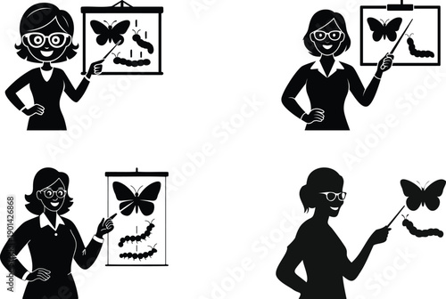 Smiling teacher presenting a butterfly and caterpillar life cycle on a board, perfect for biology education and science lessons.