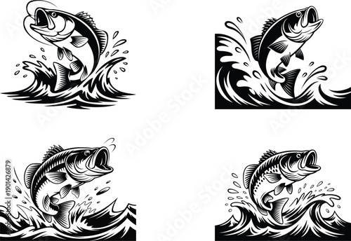 Dynamic black and white illustrations of a largemouth bass leaping from splashing waves, capturing the excitement of fishing.