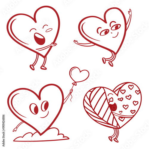 Four animated hearts with faces expressing different emotions and a gift box