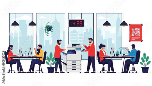  Daily Office Work Vector Illustration. Multinational employees at desks, working on computers, handling paperwork, and communicating with colleagues in a modern office.