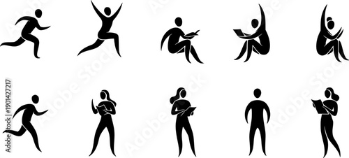 Collection of Stylized Human Figure Icons in Active Poses symbol person
