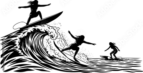 Dynamic silhouettes of women surfing on surfboards in action Keywords: silhouette, women, surfing, surfer, surfboard, ocean
