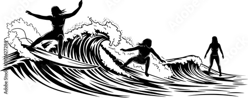 Dynamic silhouettes of women surfing on surfboards in action Keywords: silhouette, women, surfing, surfer, surfboard, ocean
