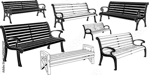 Six Black and White Park Benches in Various Styles seating outdoor
