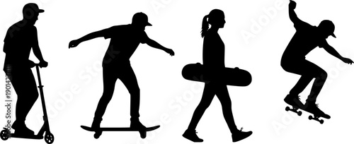Four Silhouettes Of People With Scooter And Skateboard On White Background male

