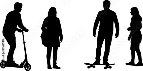 Four Silhouettes Of People With Scooter And Skateboard On White Background male
