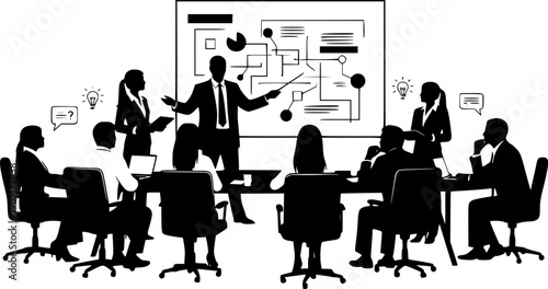 Vector illustration of business meeting presentation with team discussion, corporate people silhouette, manager explaining strategy on board, office teamwork collaboration concept in black and white