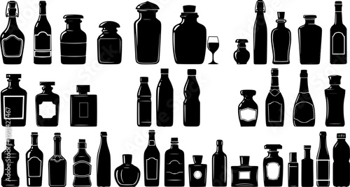 Collection of black silhouette icons of various vintage and modern bottles vector illustration
