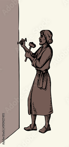 Vector illustration of a man hammering a nail.