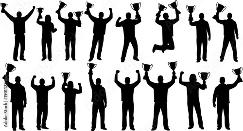 Collection of black silhouettes of people holding trophies and celebrating success woman
