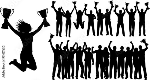 Collection of black silhouettes of people holding trophies and celebrating success woman
