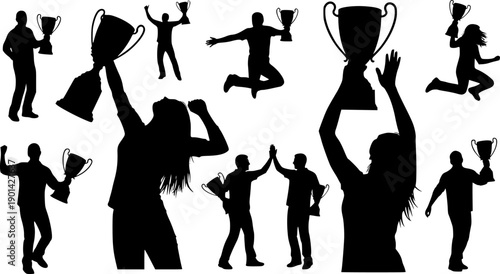 Collection of black silhouettes of people holding trophies and celebrating success woman
