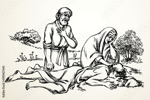 Vector drawing. People look at man laying on the ground