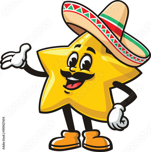 Cartoon star mascot wearing a sombrero