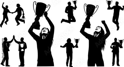 Collection of black silhouettes of people holding trophies and celebrating success woman
