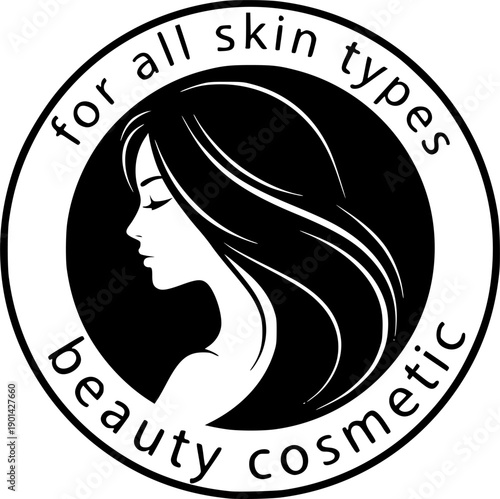 Circular emblem with profile silhouette of woman and text for all skin types beauty cosmetic
