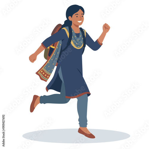 Indian College Girl Running with Backpack Vector. Happy Female Student in Traditional Ethnic Wear for Education and Success Concept.