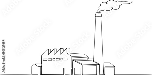 Drawing of an industrial plant or factory with a chimney in one line art style.
