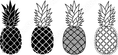 Simplified pineapple icon. Symbol of tropical fruit: black silhouette, outline lines, and dashed line. Five style variations.
