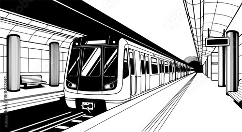 Modern Metro Subway Train Vector - Underground Transit System with Platform and Tunnel Line Illustration
