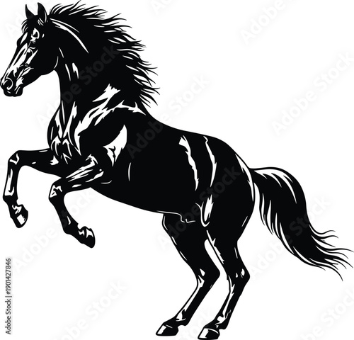 Majestic Black Stallion Silhouette Vector Illustration Featuring a Powerful Horse Rearing Up with Flowing Mane and Tail Isolated on White Background for Equestrian Design