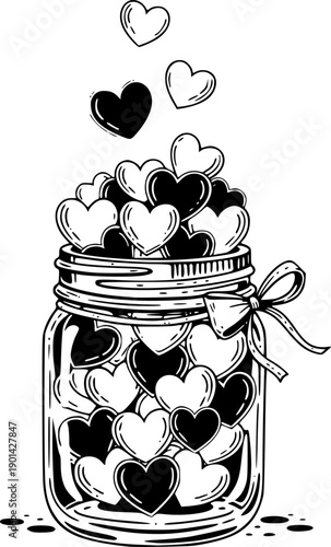 Rustic mason jar filled with love hearts vector illustration black and white
