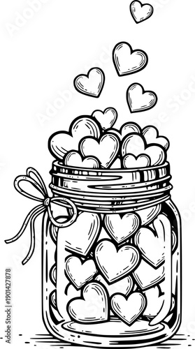 Rustic mason jar filled with love hearts vector illustration black and white
