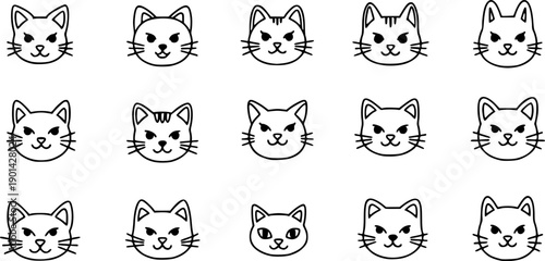 Twelve cute cat face line art icons.EPS Vector.
