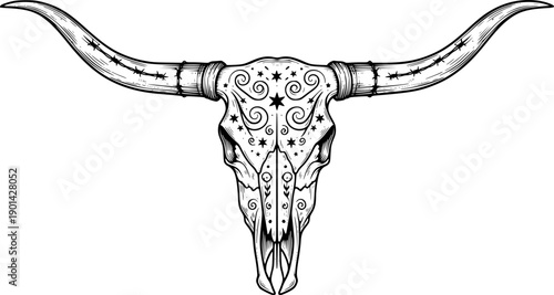 Detailed linework longhorn steer skull western americana rustic animal skull art vector
