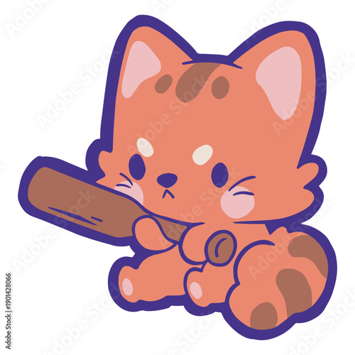 A sweet little kitten clutching a bat