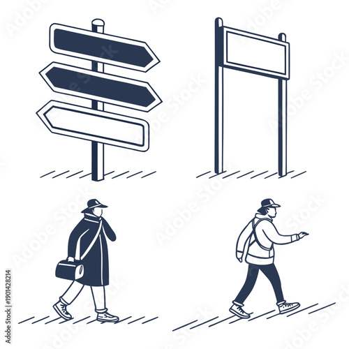 Two people walking in different directions with signposts and a blank sign.