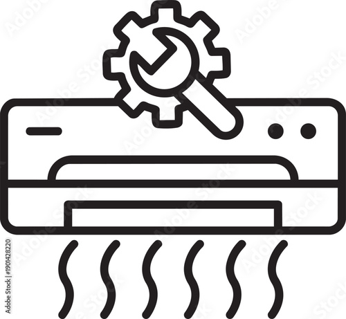 Cooling System Service: An illustration depicting air conditioner maintenance, showing a wrench and gear symbol above the unit, representing repair and service