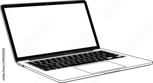 Modern Laptop Computer Vector Illustration Featuring Open Screen Mockup in Perspective View with Black Keyboard and Line Art Design Isolated on White Background for Technology