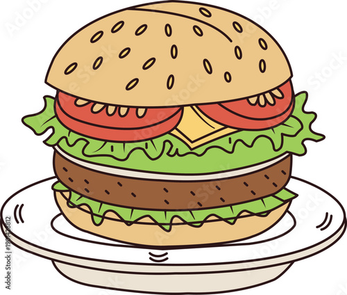 Illustration of a classic burger with lettuce and tomatoes on a plate Vector, illustration