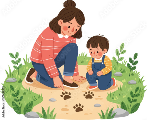 Mother and Daughter in nature, Parent and Child Discovering Animal Paw Prints on Nature Trail Flat Vector Illustration