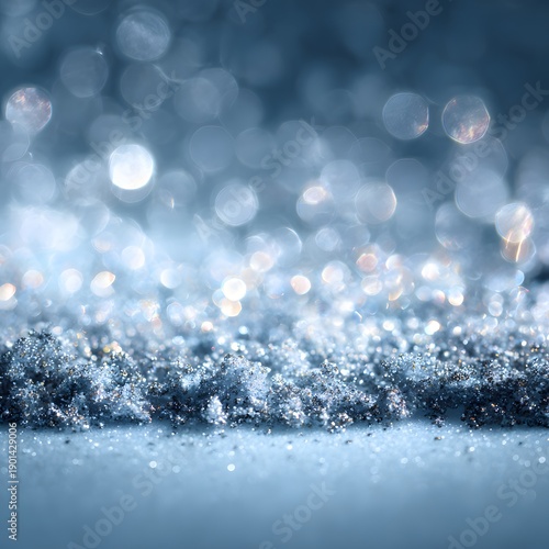 A close-up view of sparkling snowflakes on a dark surface with bokeh lights