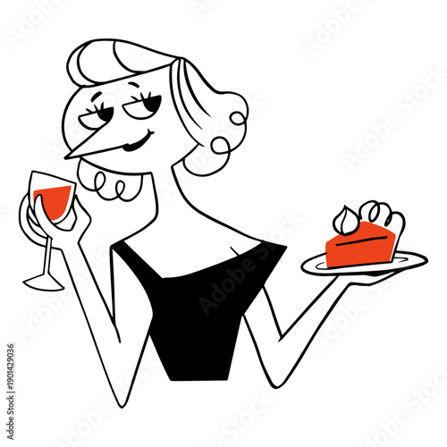 Fancy cartoon girl eating cake and drinking wine