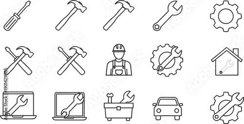 Black Line Art Tool Icons Hammer Wrench Screwdriver Gear Toolbox Home Auto Repair Worker Set Vector Graphic