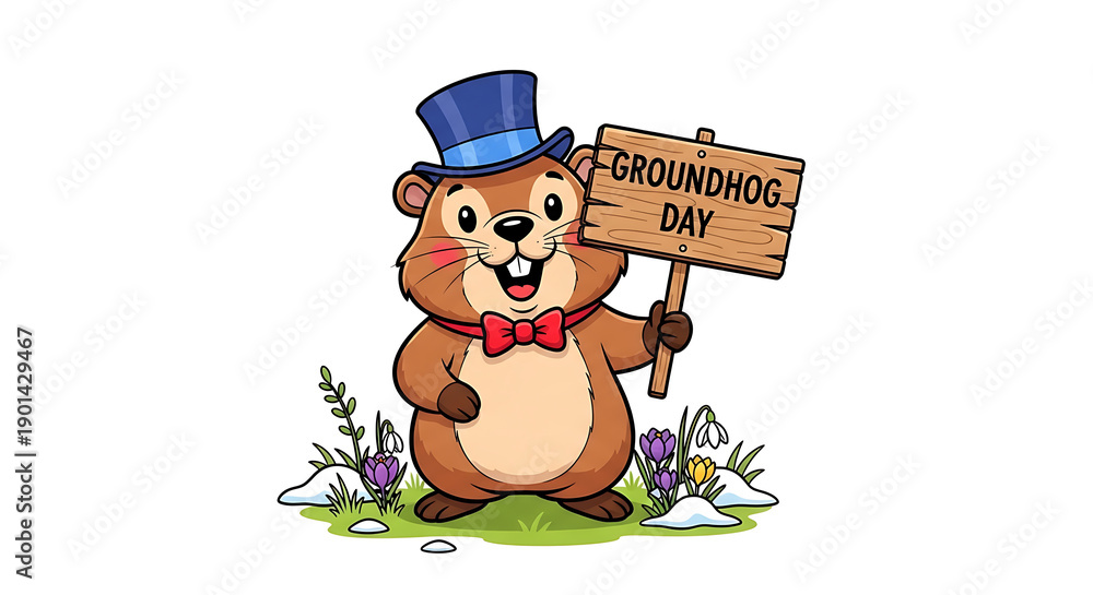 Fototapeta premium Groundhog Day Celebration, Adorable Groundhog, Winter Wonderland, Illustration, Whimsical Environment, Cheerful Viewpoint, Fun Concept