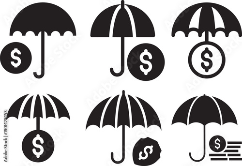 Financial Shield: A series of graphic icons depict the concept of financial security, showcasing an umbrella shielding a dollar symbol, symbolizing protection of money and assets.