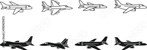 Set of Minimalist Airplane Icons and Aircraft Silhouettes Featuring Commercial Airliners Private Jets and Military Fighters Isolated on White Background for Aviation Design Projects