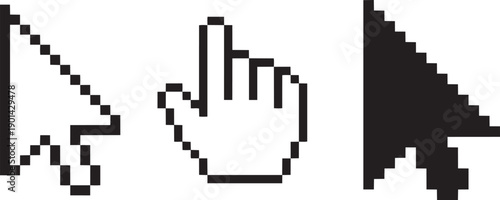 Digital Cursor Trio: Pixeled Pointer and Hand Cursors for Navigational Purposes.