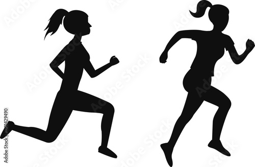 Running woman silhouettes set. Female runner figure shapes. Bare and naked slim healthy girl work out
