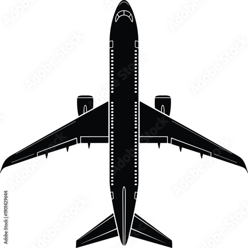 Sleek black silhouette of a commercial passenger airplane from an overhead top view perspective isolated on white for aviation travel and flight industry design (25 words)