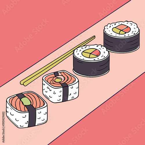 Sushi rolls and chopsticks lay on a table ready for dining in a casual setting during lunchtime Generative AI
