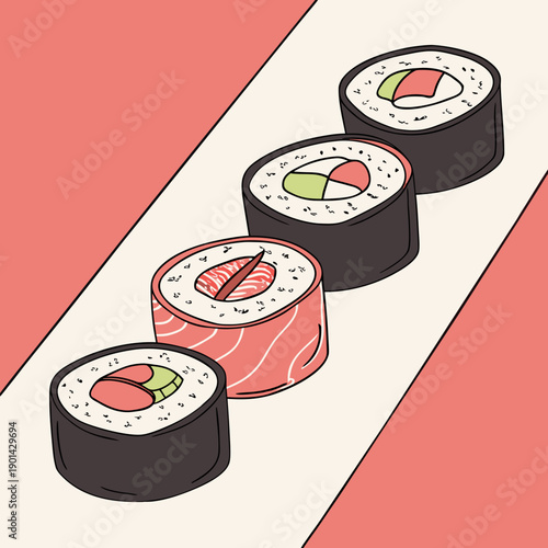 Four sushi rolls arranged on a pink and cream background during a casual meal time Generative AI