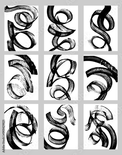 Set of vector abstract backgrounds. Black ink brush strokes, patterns, posters, cover.
