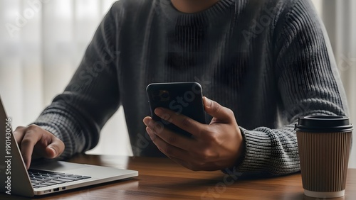 Person working on laptop and smartphone at a table with coffee