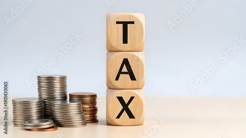 Wooden blocks spelling tax next to stacks of coins on a plain surface